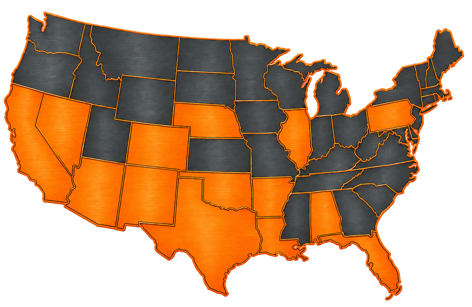 Map of the contiguous United States with licensed states highlighted in orange and offices in Coppell, Texas and Spring Valley, California.